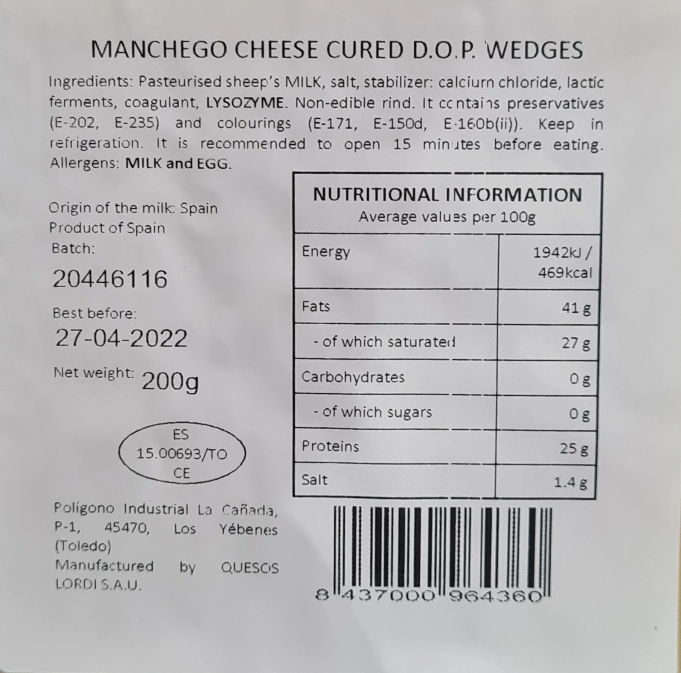 Artisan Manchego DOP Cheese, 9 months  cured 200g