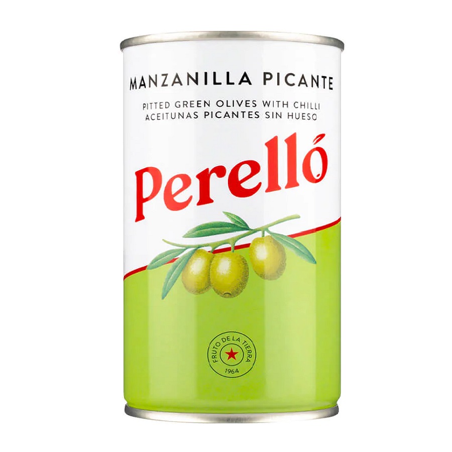 Perello Manzanilla pitted olives tin, spicy 150g