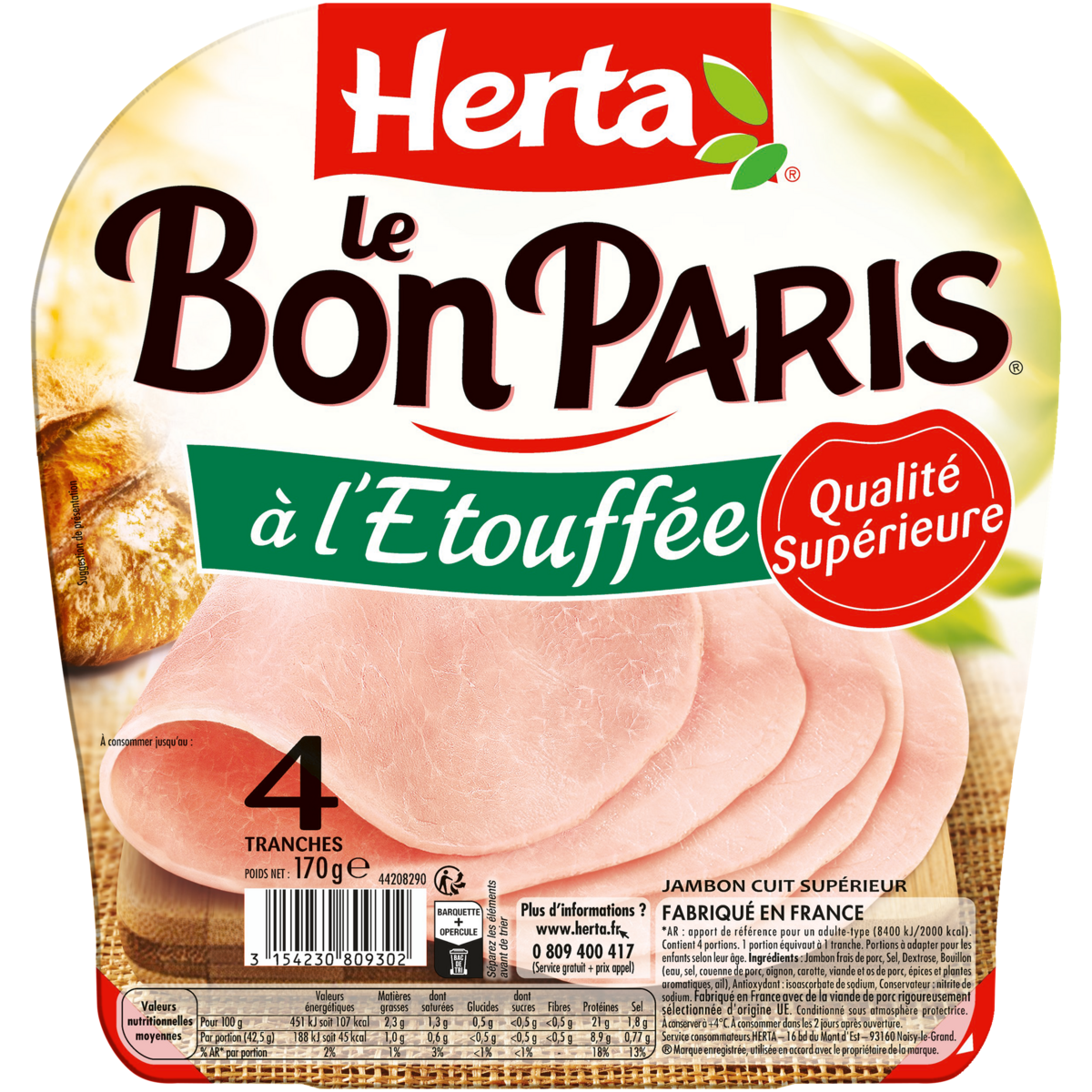 Herta Le Bon Paris ham pork rind free x4 slices 170g