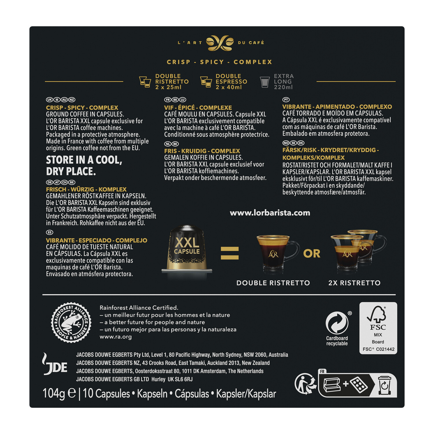 L'Or BARISTA Coffee Capsules XXL x10 Double Ristretto 104g