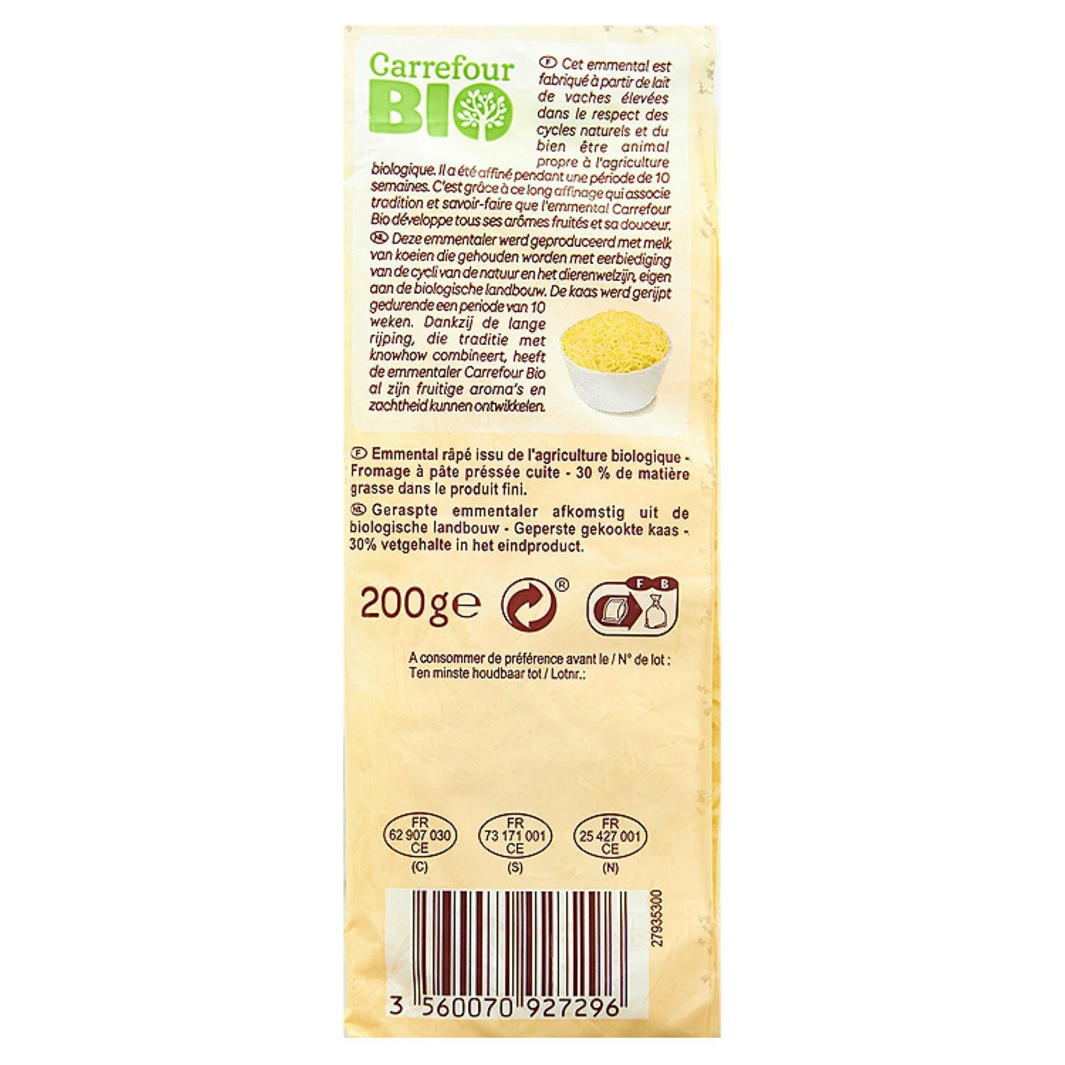 Auchan or Carrefour Grated emmental cheese Organic 200g