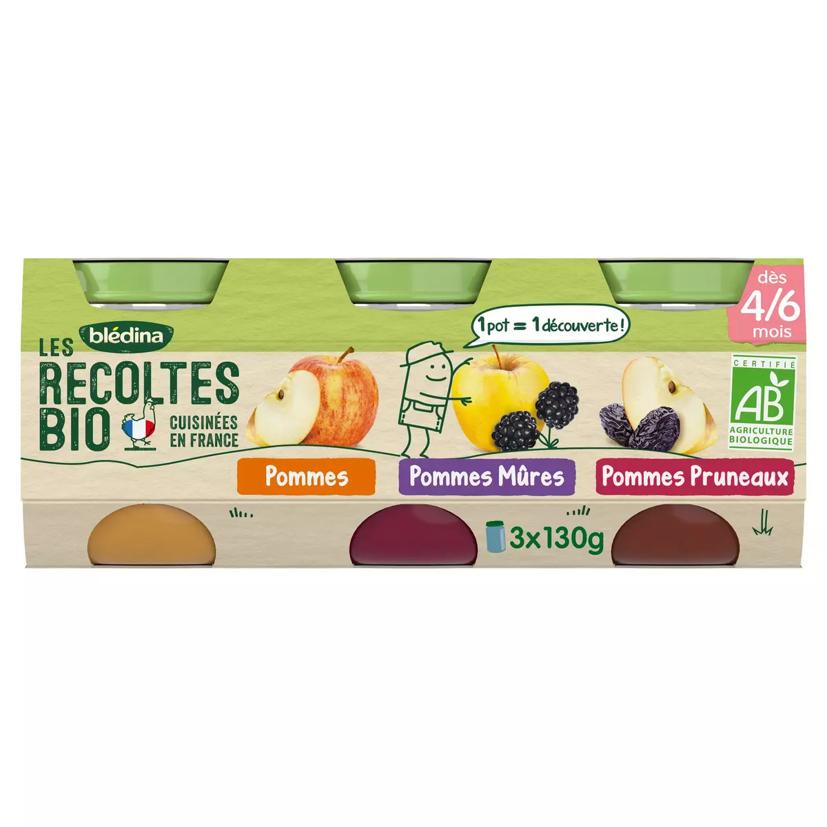 Bledina Organic Apple, Blackberry & Prunes from 4 months 3x130g