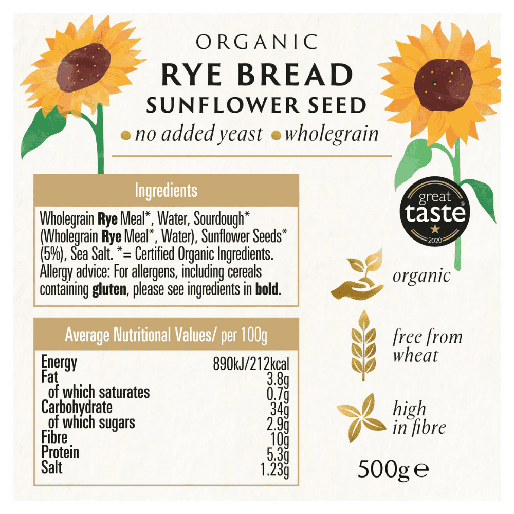 Biona Organic Wholemeal Rye Bread with Sunflower seeds 500g