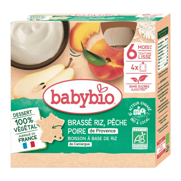 Babybio Organic 100% Vegetable rice, peach and pear brewed pouch from 6 months 4x85g