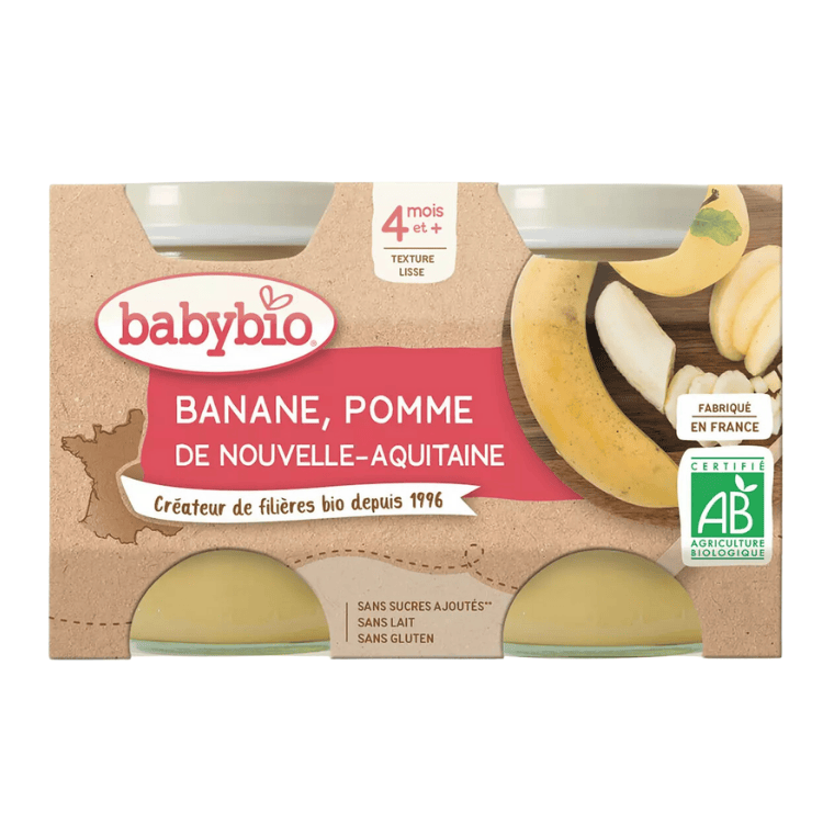 Babybio Organic Apple, banana dessert jar from 4 months 2x130g 260g