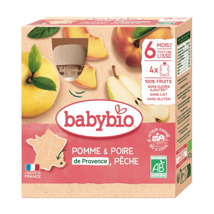 Babybio Organic Apple, pear, peach dessert pouch from 6 months 4x90g