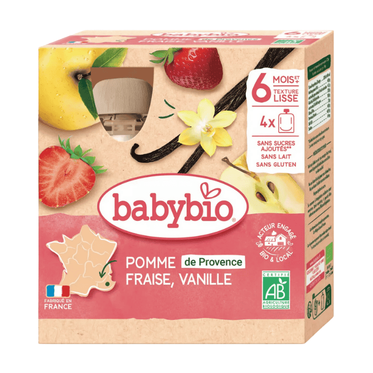 Babybio Organic Apple, strawberry, vanilla dessert pouch from 6 months 4x90g