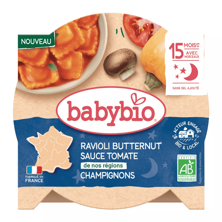 Babybio Organic Butternut ravioli plate with tomato mushroom sauce from 15 months 190g