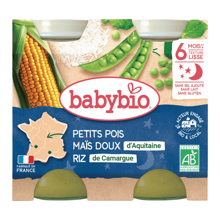 Babybio Organic Peas, sweet corn and rice small jars from 6 months 2x200g 400g