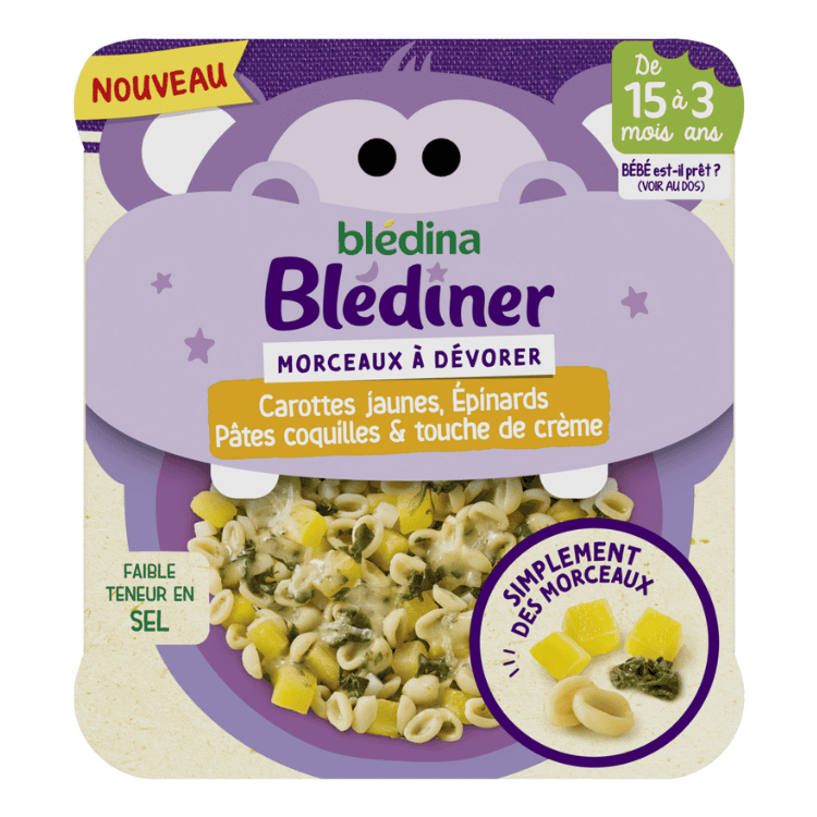 Bledina Blediner Yellow carrots, spinach, coquillettes pasta & cream baby food from 15 months 200g