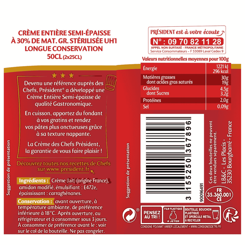 President Gourmet Semi-thick Whole Cream 30%MG 2x25cl