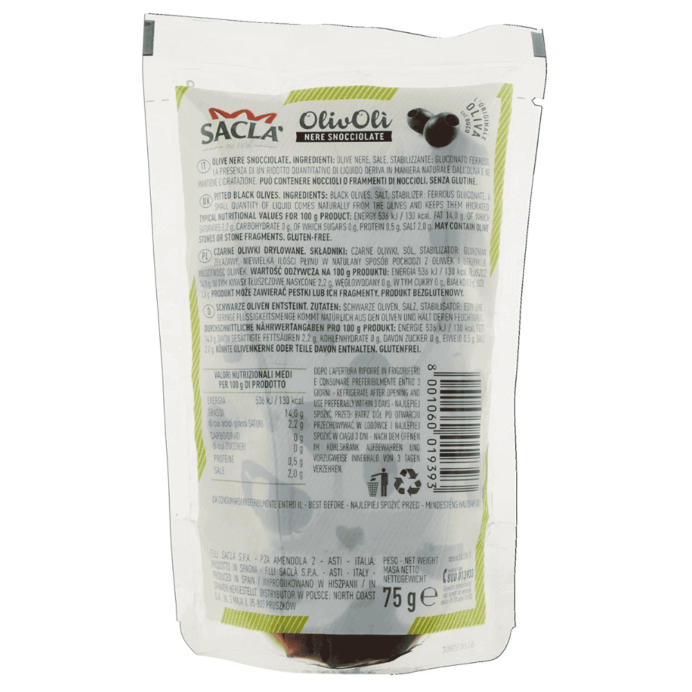 Sacla' OlivOli Nere Snocciolate Black Olives pack 75g