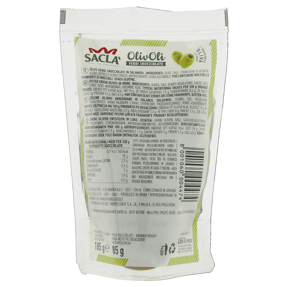 Sacla' OlivOli Verdi Snocciolate Green Olives pack 185g