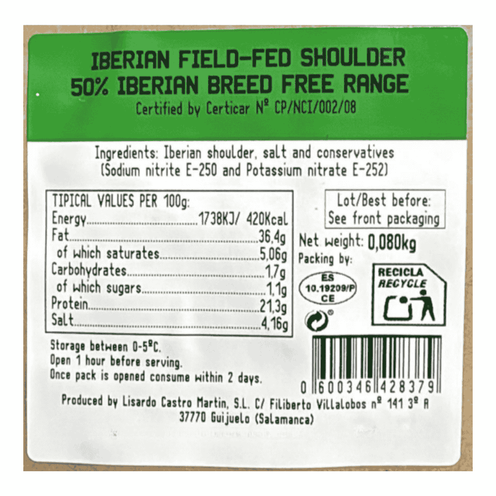 Alcubilla Sliced Free Range Cebo Iberian Shoulder 24  months 80g