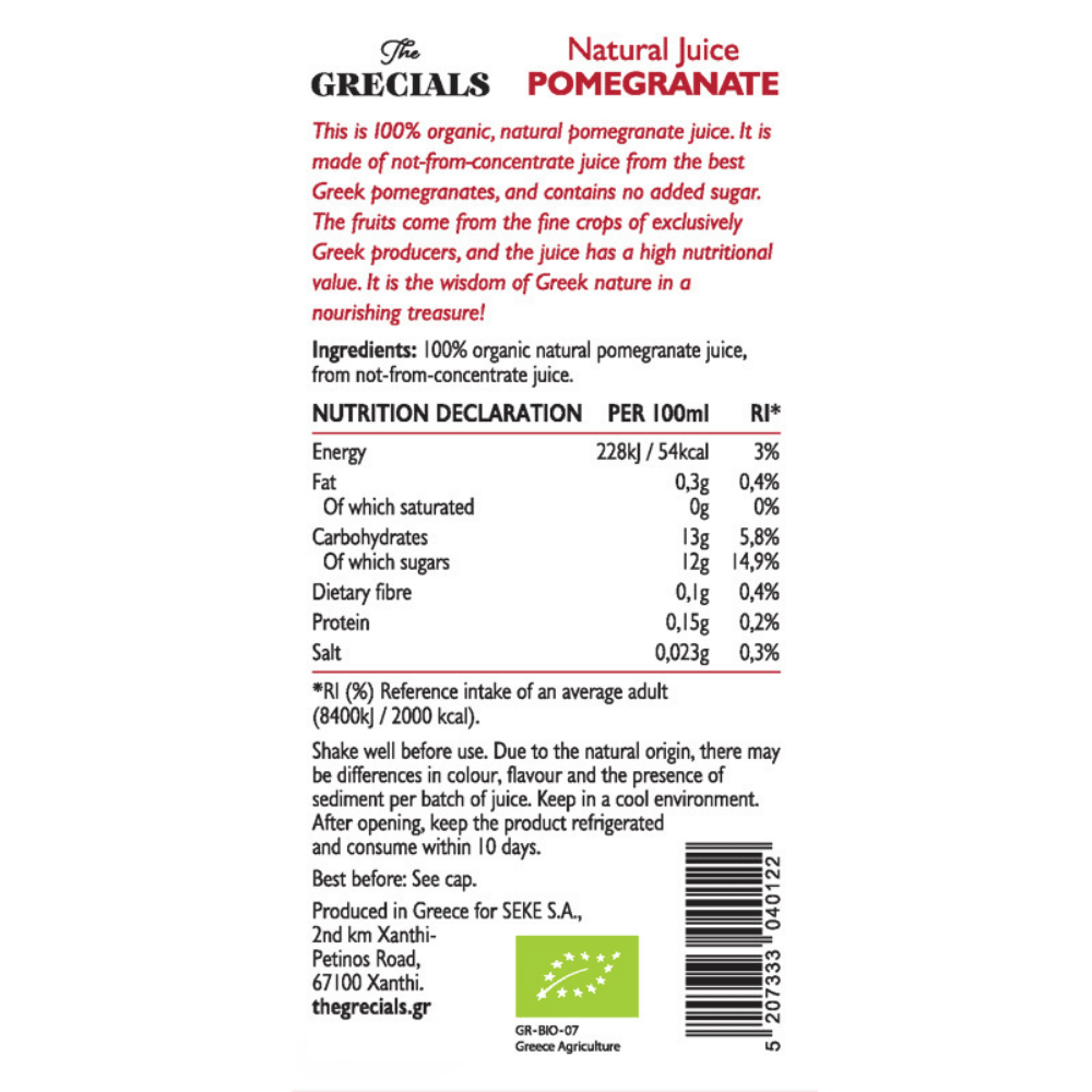 The Grecials Pomegranate 100% organic natural juice 250ml