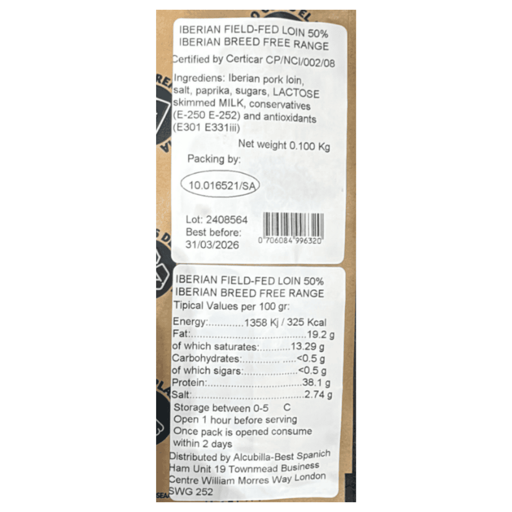 Alcubilla Spanish Sliced Acorn-fed Iberico Lomo 100g