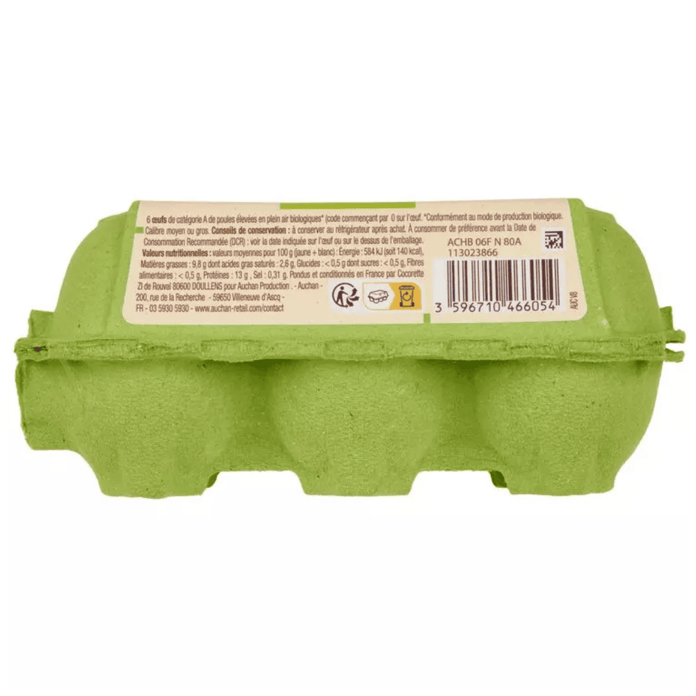 Auchan Organic Outdoor Free-range eggs x6