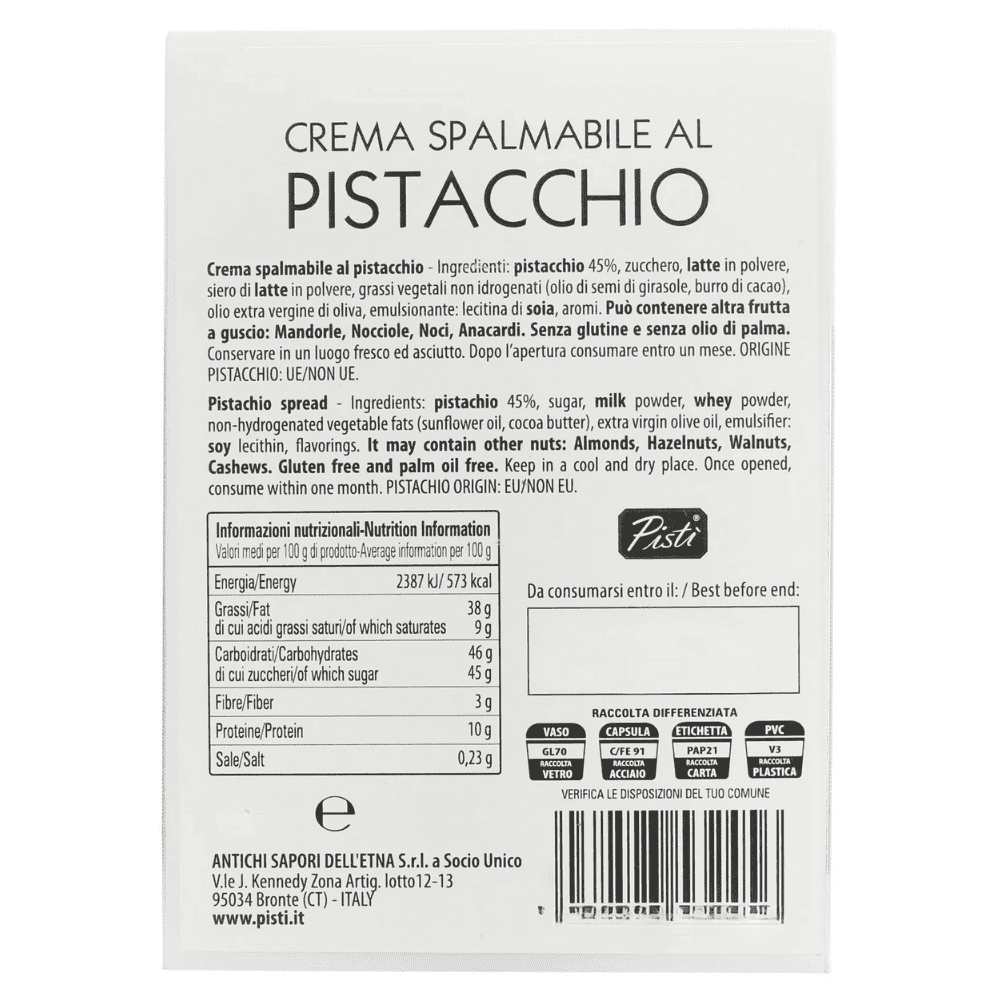 Pisti Pistachio Spreadable Cream 45% (Crema Spalmabile al Pistacchio) 200g