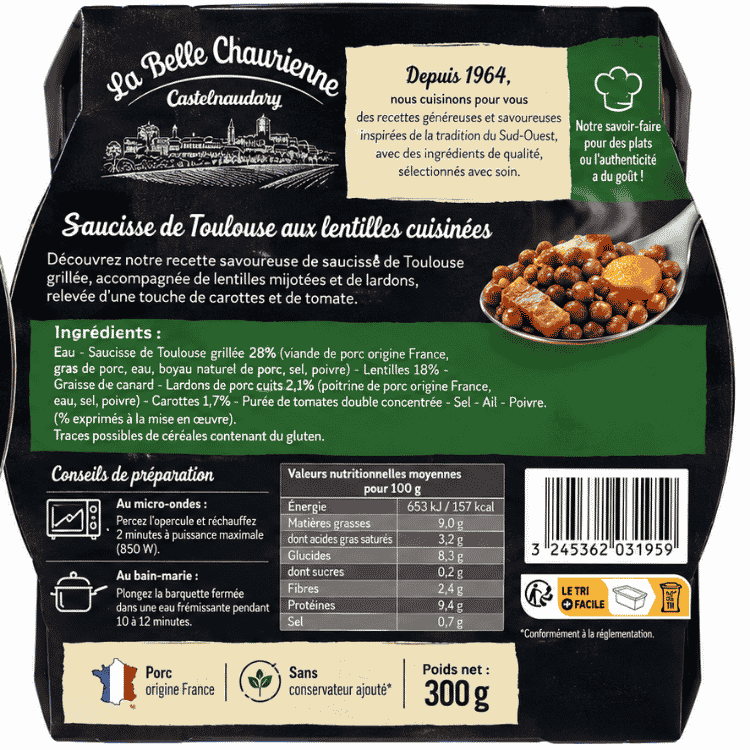 La Belle Chaurienne Toulouse Sausage with lentils 300g