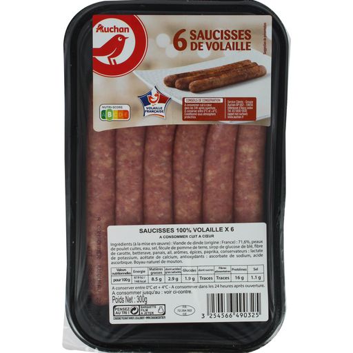 Plain poultry sausages x6 (Auchan or Carrefour) 300g