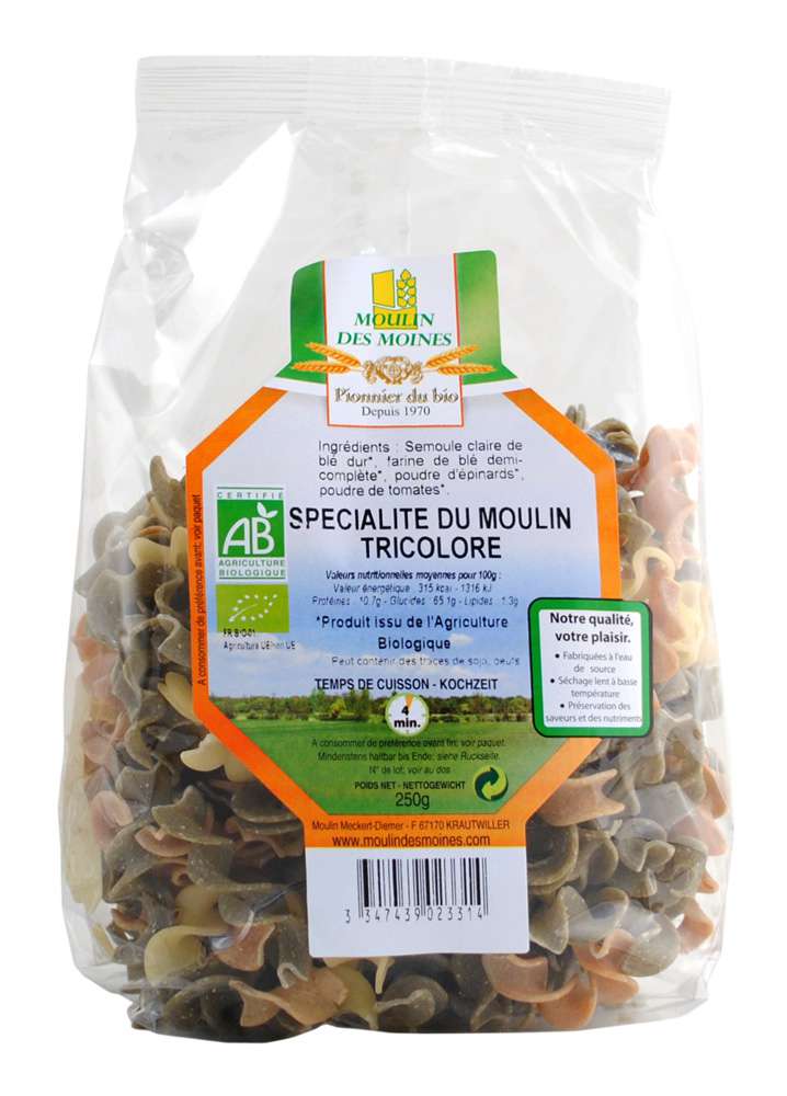 Moulin des Moines Organic 3 color speciality (Spinach, tomato, froment), semi wholegrain pasta 250g