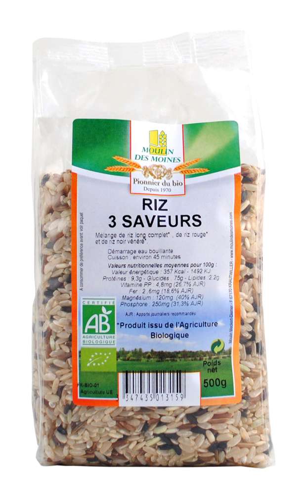 Moulin des Moines Organic 3 flavor rice (long wholegrain, red, wild) 500g