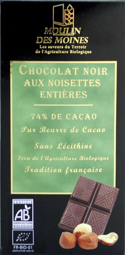 Moulin des Moines Organic Dark chocolate and whole Hazelnuts 100g